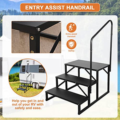 3 Step RV Stairs, Hot Tub Steps, Outdoor Spa Step Ladder with Handrail,Portable Economy 5th Wheel Stair for Travel Trailer, Motor Home, Camper and Porch with Non-Skid Tapes - size: RV Stairs - 3 Step with Single Handrail