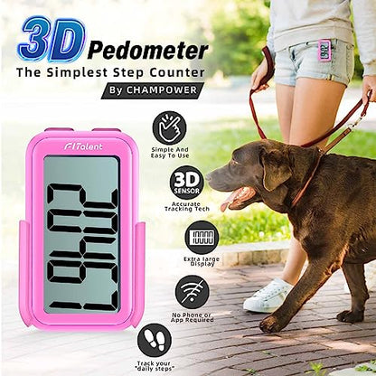 Pedometer for Walking Steps, 3D Accurate Simple Pedometer, Step Counter for Men Women Seniors, Step Tracker with Clip Lanyard - color: Pink
