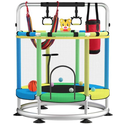 Trampoline for Kids, Adjustable Baby Toddler Trampoline with Basketball Hoop, Round Bottom Indoor Outdoor Toddler with Enclosure - color: light blue green