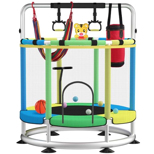 Trampoline for Kids, Adjustable Baby Toddler Trampoline with Basketball Hoop, Round Bottom Indoor Outdoor Toddler with Enclosure - color: light blue green