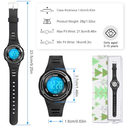 DTKID Digital Kids Watch 30 M Waterproof for Girls Boys 5-16 - color: Black