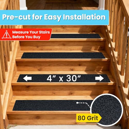 LifeGrip Outdoor Stair Treads Non-Slip 4"x30" 10-Pack Waterproof Heavy-Duty - color: Black, size: 4" x 30"