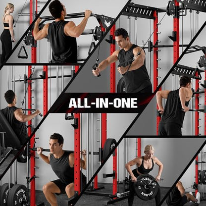 JELENS M21 Smith Machine, Multi-Function Power Cage with Dual Pulley Cable Crossover System, 2000LBS All-in-One Squat Rack with Smith Bar and Attachments - color: Red, size: M21 Smith Machine