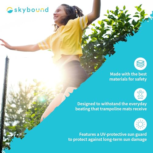 SkyBound Premium Trampoline Replacement Mat, Fits 14 Foot Frames w/Spring Tool, UV Sunguard for Longer Lasting Stitching, Durable V-Rings, Bounce Safely with Extra Rows of Stitching - size: 147" Wide | 72 Rings | Fits 6.5"-7.0" Springs