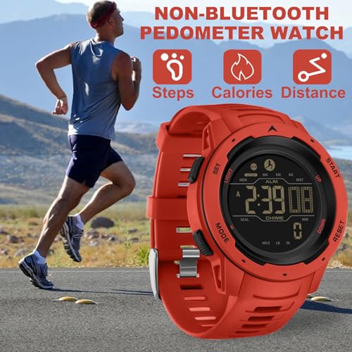 findtime Men's Digital Watch Waterproof Pedometer Watches Sport Watch Step Counter Calorie Military Watch with Stopwatch Alarm LED Backlight Countdown - color: red