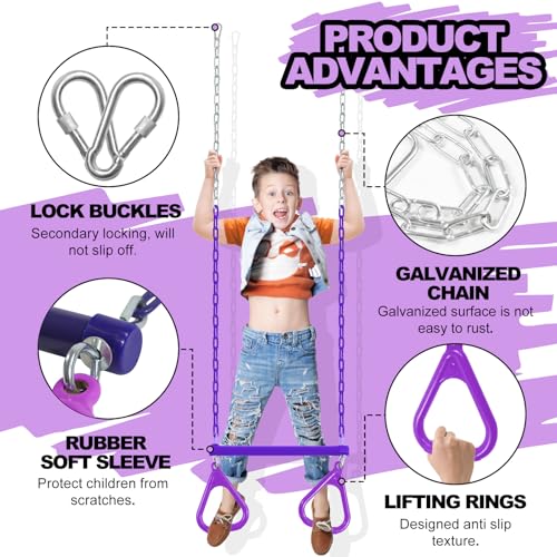 Duty Ring Trapeze Bar for Backyard-16.5" Trapeze Swing Bar- Swingset Accessories Outdoor with 47" Coated Chains 2 Snap Hooks (AB010004-3)
