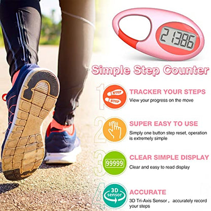 Simple 3D Step Counter, Walking Pedometer, Steps Tracker with Neck Lanyard/Carabiner for Men Women Teens Adults Seniors - color: Pink1