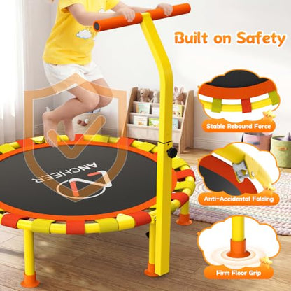 ANCHEER 38" Toddler Trampoline for Kids, ASTM Certified Foldable Mini Trampoline with Adjustable Foam Handle, Indoor & Outdoor Kids Trampoline, Quiet Design, 200 LBS Capacity, Easy Assembly - color: Yellow