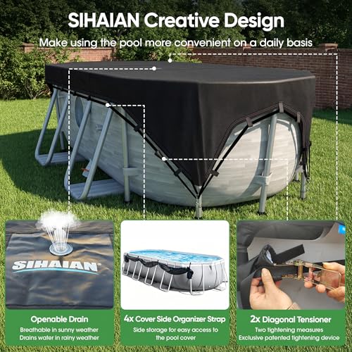 SIHAIAN 8x14Ft Oval Pool Cover Patented Design Four-Corner Locking 500D Rectangular and Oval Pool Cover, Prevent Water Accumulation Pool Cover for Oval Above Ground Pool with 4 Storage Straps - size: 15'6" x 8'6" (Oval and Rectangle Pool Cover)