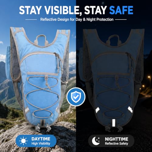 Lightweight Hydration Backpack 2L Water Bladder Pack for Running, Cycling, Hiking – Anti-Theft Water Backpack with Phone Holder, Trekking Pole Holder & Reflective Strips for Men & Women - color: Blue