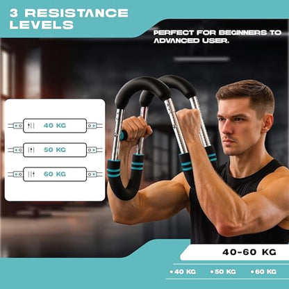Power Twister Bar Adjustable 40/50/60 KG Chest Expander and Arm Exerciser for Men, Heavy Duty Steel Spring Upper Body Workout Bar, Forearm Strengthener with Non-Slip Ergonomic Handles