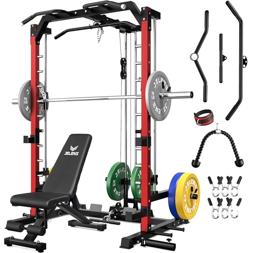 JELENS SR01 Smith Machine, 2000LBS Multi-Function Power Cage with LAT Pulldown System, All-in-One Home Gym Squat Rack with Smith Bar and Training Attachments for Full Body Workouts - color: Red, size: 230LB Colored Weights Package