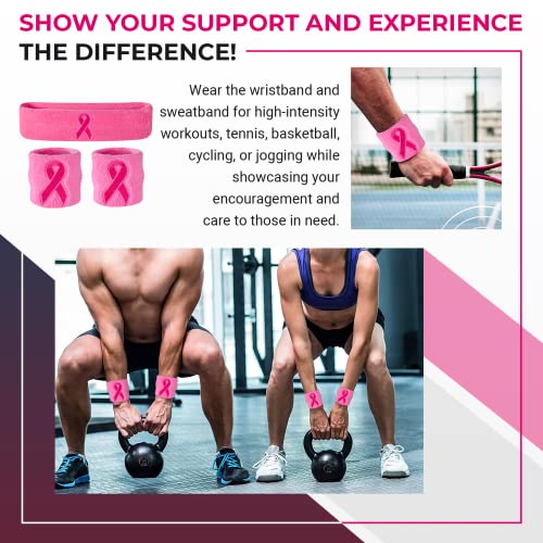 Suddora Sweatbands Set, Moisture Wicking 2 Wristbands and 1 Headband, Breathable Terry Cloth Athletic Bands for Basketball, Tennis, Yoga, Gym, Sweat Bands for Costumes and Cosplay - color: Pink Ribbon