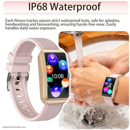 Fitness Tracker, 1.47" HD, Heart Rate SpO2, IP68 - Gold Pink - color: Gold Case w/ pink Band