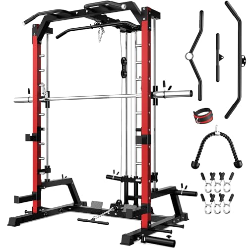 JELENS SR01 Smith Machine, 2000LBS Multi-Function Power Cage with LAT Pulldown System, All-in-One Home Gym Squat Rack with Smith Bar and Training Attachments for Full Body Workouts - color: Red, size: SR01 Smith Machine