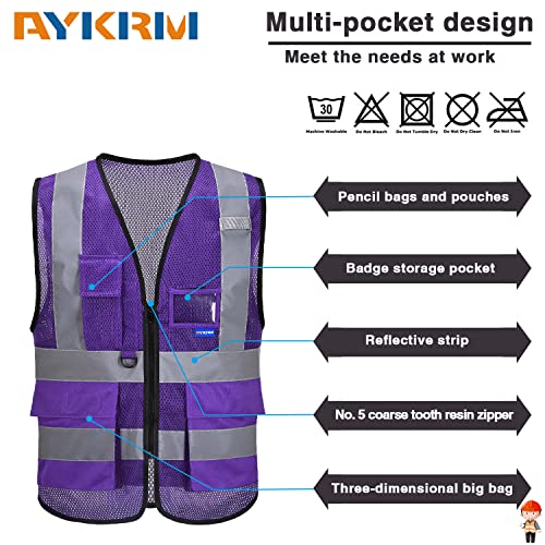 A-SAFETY High Visibility Mesh Vest with 7 Pockets, Front Zipper, Purple, S - color: Purple Mesh, size: Small