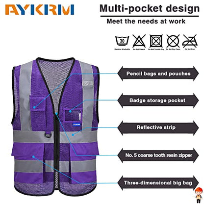 A-SAFETY Hi-Vis Reflective Mesh Vest, Multi-Color, Zipper, Purple, 4XL-5XL - color: Purple Mesh, size: 4X-Large