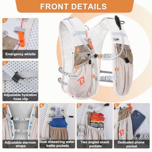 BECOJADDE Running Vest for Women Men, 5L/6L Lightweight Hydration Backpack Running Pack for Marathon, Trail, Cycling, Hiking, Jogging - color: Khaki
