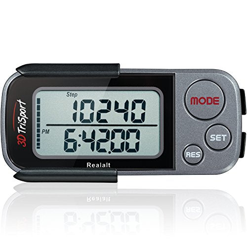 Realalt 3DTriSport 3D Walking Pedometer with Clip & Strap, Accurate Step Counter with 30-Day Memory, Distance in Miles/KM with Large Display Perfect for Seniors & Beginners, eBook Included - color: Grey