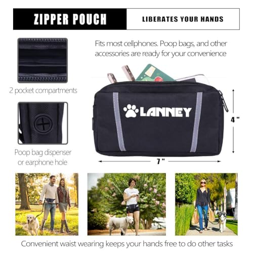 Hands Free Dog Leash, Waist Running Leash with Zipper, Walking Pouch for Medium Large Dogs, Dual Handle and Retractable Bungee for Training Jogging Hiking - color: Black/Black