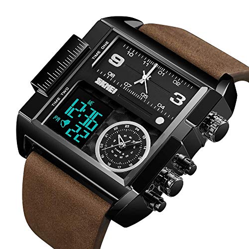 Gosasa Men's Square Large Face Analog Digital Sport Watch - color: Black Coffee Belt