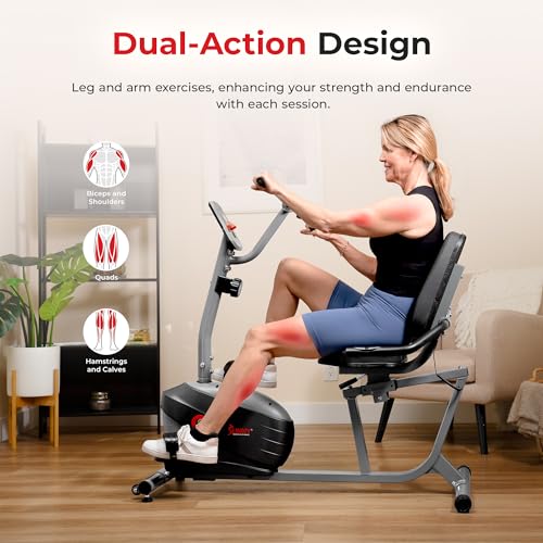 Sunny Health & Fitness Smart Magnetic Recumbent Bike for Home Cardio - color: Gray