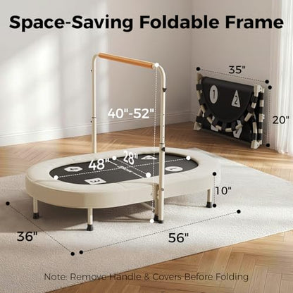 BCAN BT6 56" Double Mini Trampoline for Kids, Foldable Indoor, Handlebar - color: Beige