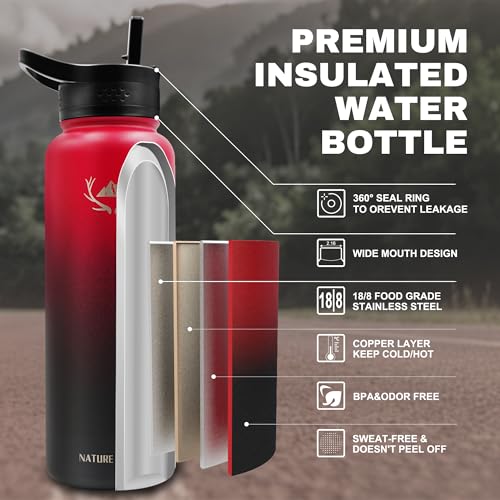 NATURE PIONEOR 40 oz Insulated Water Bottle with Carrier Bag & 3 Lids - color: Red Black, size: 40 Ounces
