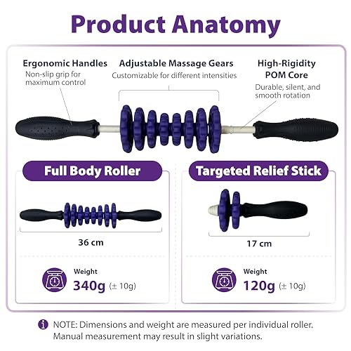 ONIPAX 3-in-1 Muscle Roller Stick - Adjustable Deep Tissue Massage Tool - color: Purple