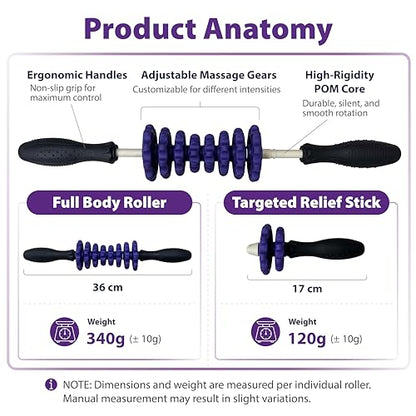 ONIPAX 3-in-1 Muscle Roller Stick - Adjustable Deep Tissue Massage Tool - color: Purple