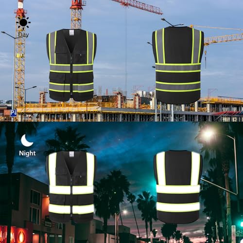 Reflective Safety Vest for Men Women High Visibility Vest with 8 Pockets and Front Zipper Mesh Reflective Vest Meets ANSI/ISEA Standards (Black-07, Medium) - color: Black, size: Medium