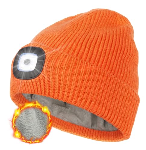 MELASA Winter Fleece Lined Beanie with The Light, Warm Gifts for Men Dad - color: Orange