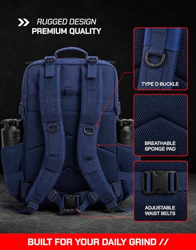 45L Tactical Gym Backpack with 2 Patch Panels, MOLLE System, Dual Bottle Holders & Clamshell Opening (Blue) - color: Blue