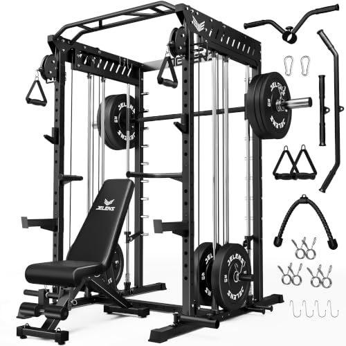 JELENS M21 Smith Machine, Multi-Function Power Cage with Dual Pulley Cable Crossover System, 2000LBS All-in-One Squat Rack with Smith Bar and Attachments - color: Black, size: 260LB Black Weights Package