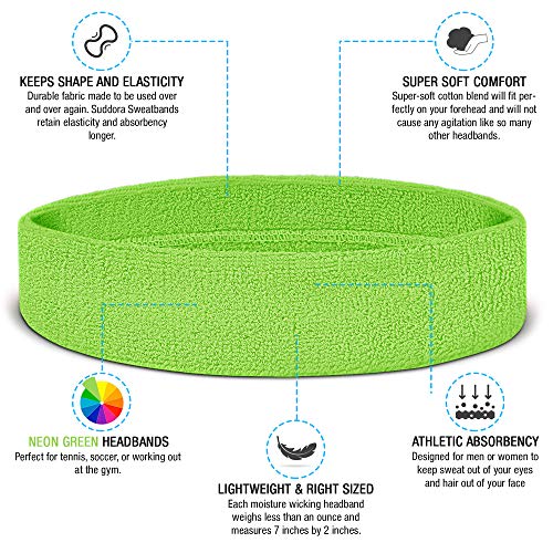 Suddora Sweatbands Set, Moisture Wicking 2 Wristbands and 1 Headband, Breathable Terry Cloth Athletic Bands for Basketball, Tennis, Yoga, Gym, Sweat Bands for Costumes and Cosplay - color: Neon Green