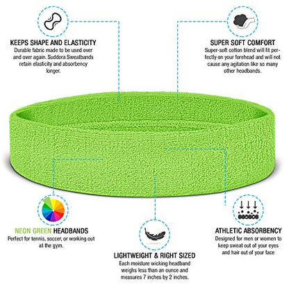 Suddora Sweatbands Set, Moisture Wicking 2 Wristbands and 1 Headband, Breathable Terry Cloth Athletic Bands for Basketball, Tennis, Yoga, Gym, Sweat Bands for Costumes and Cosplay - color: Neon Green