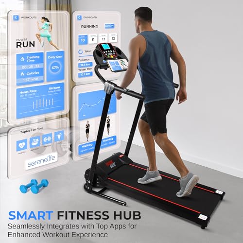 SereneLife Smart Digital Folding Exercise Machine - Electric Motorized Treadmill with Downloadable Sports App for Running & Walking - Pairs to Phones, Laptops, & Tablets via Bluetooth SLFTRD18.5