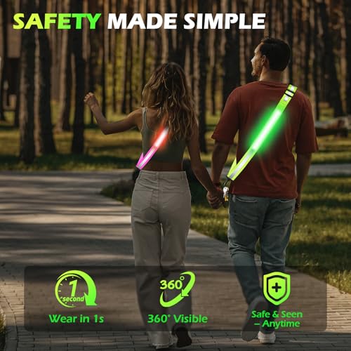 Rechargeable LED Reflective Belt Sash – High Visibility Safety Gear with 5 Colors 11 Light Modes, Adjustable Strap for Night Dog Walking, Running & Biking - color: Green