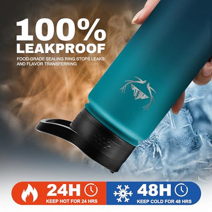 NATURE PIONEOR 24 oz Insulated Water Bottle with Carrier Bag & 3 Lids - color: Malachite Blue, size: 24 Ounces