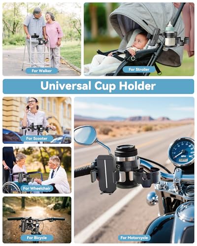 3-in-1 Universal Wheelchair Cup Holder for Walker, 360° Rotating Phone Holder with 2 Drink Holder for Bike, Rollator, Stroller, Scooter, Seniors, Bicycle, Safe and Stable, Black