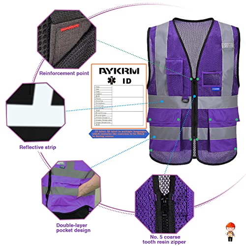 A-SAFETY Hi-Vis Mesh Vest, Breathable, Black Front Zipper, Purple, 6XL-8XL - color: Purple Mesh, size: 6X-Large