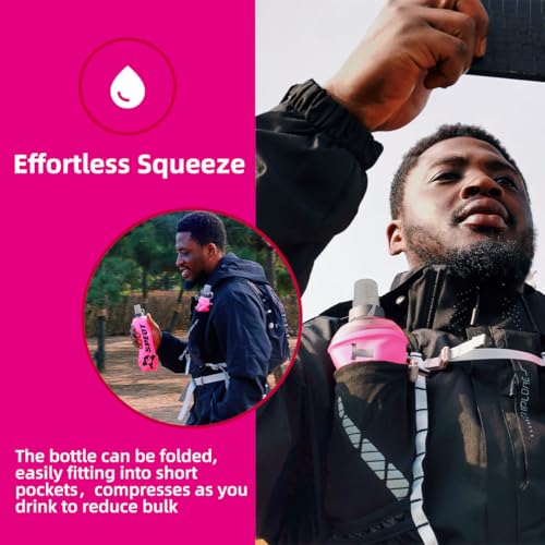 Soft Flask 2 Pack 500ml 16oz Collapsible TPU Water Bottle with Straw, Leak Proof for Hydration Pack Running Vest Hiking Cycling Marathon,Black - color: Rose (With straw) 2XPack