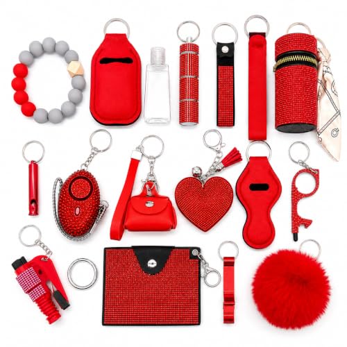 Personal Safety Keychain Set for Women, Self Defense Kit with 130DB Alarm, Wristlet, Emergency Tools - color: Red