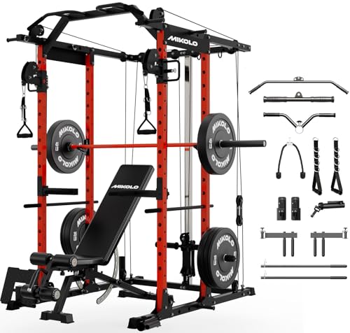Mikolo Power Cage, Power Rack with Cable Crossover System, 1500LBS Squat Rack with LAT Pull Down System, Workout Cage with Pulley System for Fitness Home Gym - color: Red, style: Package with BP 230LB