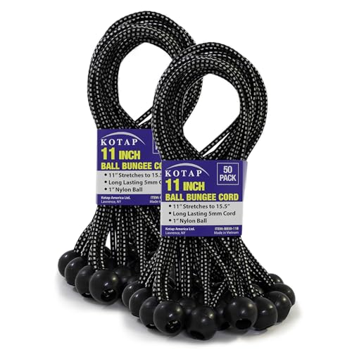 Kotap BB-11B Ball Bungee Cord, Heavy-Duty & Versatile, Indoor & Outdoor, Tarp Tie-Down, Organize & Secure, 11-Inch, Black, (50 Pack) - size: 11 Inch, style: 50-Pack