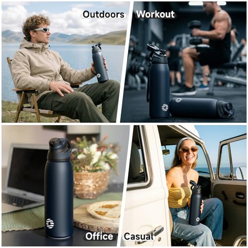 FJbottle 20oz Stainless Steel Insulated Water Bottle No Straw Spout Lid - color: Classic Navy, size: 20 Ounces