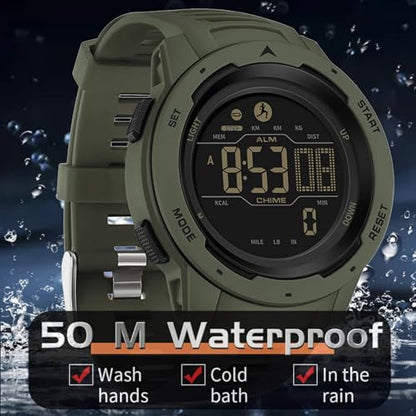 findtime Men's Digital Watch Waterproof Pedometer Watches Sport Watch Step Counter Calorie Military Watch with Stopwatch Alarm LED Backlight Countdown - color: green