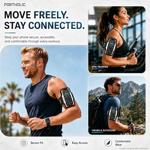 PORTHOLIC Running Armband Phone Holder with Earphone Pouch Fits up to 6.9" - color: Black(Up to 6.9'')