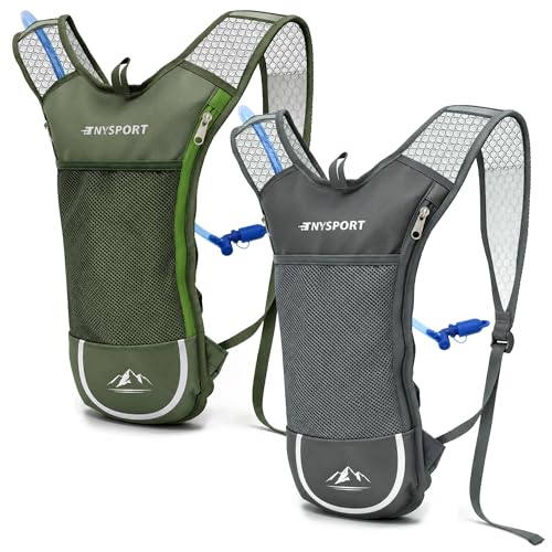 Lightweight 2 Pack Hydration Backpack with 2L Water Bladder for Hiking - color: Green & Gray