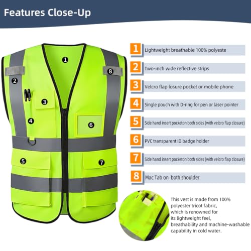 High Visibility Safety Vest with Reflective Strips & Pockets - color: Green, size: Large